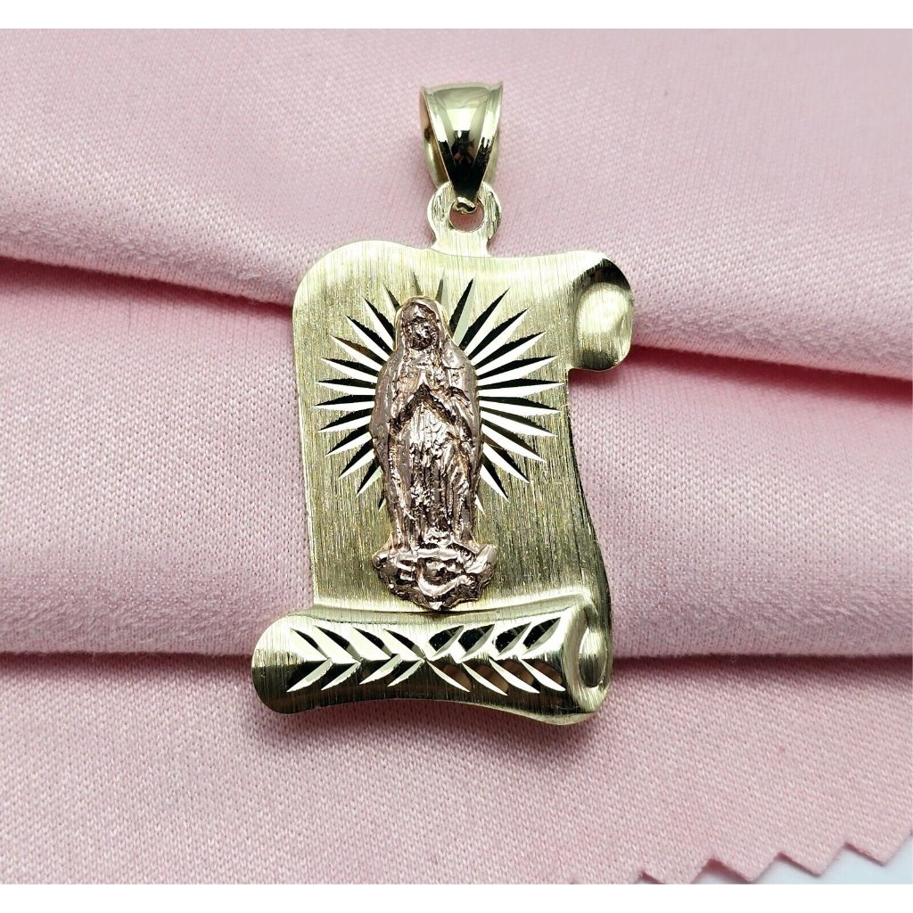 14k Solid Two Tone Multi Color Gold Religious Scroll Saint Mary Charm Pendant